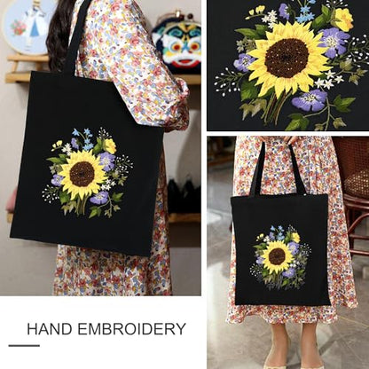 Canvas Tote Bag Embroidery Kit with Sunflower Pattern, Embroidery Kits for Beginners Adults, Arts and DIY Crafts Embroidery Starter kit, Include Stamped Embroidery Bag, Color Threads, Embroidery Tools - color: Black with Sunflower