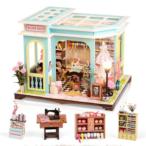 Tailor Shop DIY Miniature House Kit, Wooden Dollhouse with LED for Adults - style: Tailor Shop