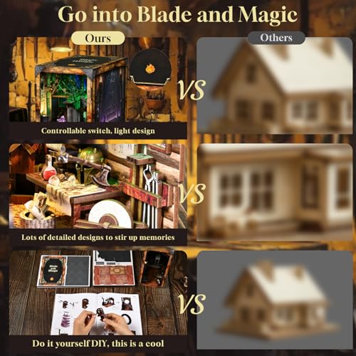 MiniCity Blade and Magic Book Nook Kit, DIY Wooden Miniature Scene with LED - color: Blade and Magic
