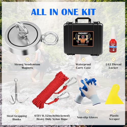 VNDUEEY 1725LBS Magnet Fishing Kit, 3.7" Double Hole Fishing Magnet Kit with Rope, Strong Magnets for Retrieving in River Lake Beach Lawn, Includes 65Ft Rope, Carabiner, Gloves, Grappling Hook, Case - size: 3.7" 1725LBS, style: Double Hole Kit with Case