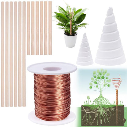 YBB Electroculture Gardening Copper Kit with 99.9% Pure Copper Wire 16 Gauge 65.6 Ft, 2 PCS Fibonacci Coil Winding Jigs, 12 PCS Wooden Stakes Antennas for Garden Plants Vegetables Growing - color: Brown
