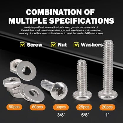 180 PCS Bolt Combination Kit #10, 3/8", 3/4", 1" - size: 4.8 mm, style: Round head machine screw