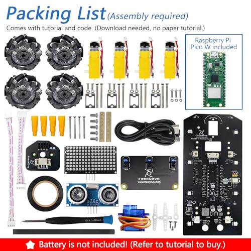 Freenove Mecanum Wheel Car Kit for Raspberry Pi Pico W (Included) (Compatible with Arduino IDE), Dot Matrix Expressions, Obstacle Avoidance, Line Tracking, Light Tracing, Colorful Light, App - color: Mecanum Wheels with Raspberry Pi Pico W