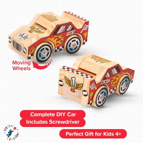 Little Jupiter DIY Wooden Kits w/Stickers - Building Kit - Stem Building Toys - Wood Crafts - Woodworking Kit - Wood Building for Ages 4-7 Yrs (Race Car) - size: Closed Wheel Race Car