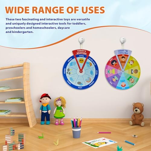 2-in-1 Emotion Wheel & Weather Chart for Kids - Interactive Social Emotional Learning (SEL) & Weather Forecast Preschool Toy, Felt Spinner Set for Classroom & Home (2 Pack) - style: Feeling & Weathers
