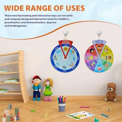 2-in-1 Emotion Wheel & Weather Chart for Kids - Interactive Social Emotional Learning (SEL) & Weather Forecast Preschool Toy, Felt Spinner Set for Classroom & Home (2 Pack) - style: Feeling & Weathers