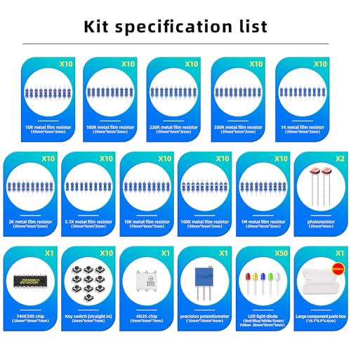 Electronics Component Kit，37 Values Total 480 Pcs Electronic Component Assortment Kit with Power Supply Module 830 tie-Points Breadboard Compatible with Arduino