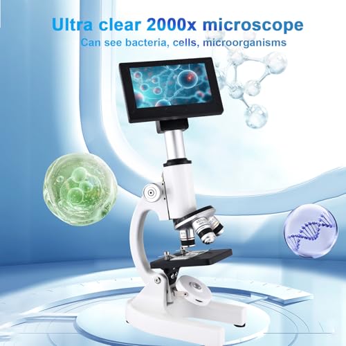 Microscope 40X-2500X Magnification with 4.3-inch Display, Wide-Angle 10X and 25X eyepieces, and Built-in 5-megapixel Camera for School Labs, Animal Husbandry (White) - color: white
