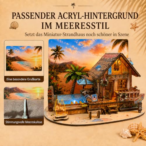 LED 3D Wooden Puzzle for Adults, DIY Miniature Hawaiian Beach House,Decor