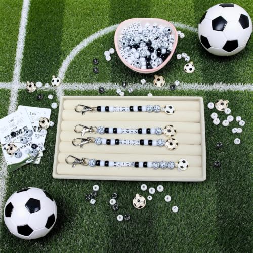 Tuhangcc 500 Pcs Soccer DIY Keychain Making Kit, Adjustable Letter Alphabet Beads Strings, 16 Charm Cards with Lobster Clasps & Strings for Sport Theme Party Favor Gift (Soccer) - color: Soccer