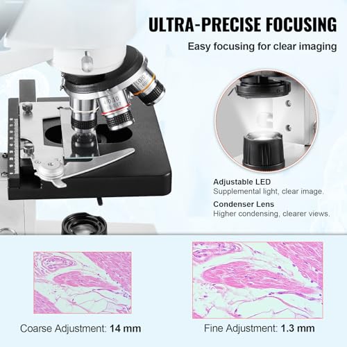 VEVOR Compound Trinocular Microscope, 40X-5000X Magnification Trinocular Compound Lab Microscope with Two-Layer Mechanical Stage, LED Illumination, External Interface and Microscope Slides Included - style: C