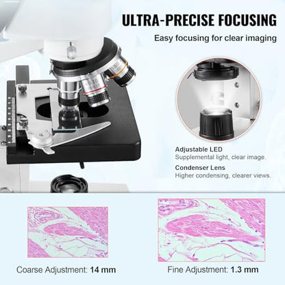 VEVOR Compound Trinocular Microscope, 40X-5000X Magnification Trinocular Compound Lab Microscope with Two-Layer Mechanical Stage, LED Illumination, External Interface and Microscope Slides Included - style: C