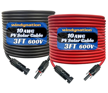 WindyNation 10 Gauge 10 AWG Pair 3 Feet Black + 3 Feet Red PV Photovoltaic Solar Panel Extension Cable Wire Solar Connector - color: 3 Feet Black + 3 Feet Red, size: 10 AWG Solar Cable