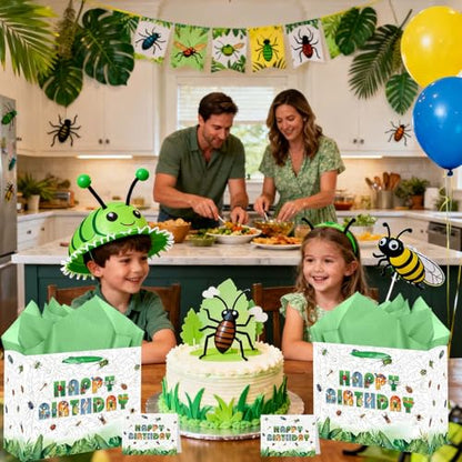 Large Bug Gift Bag, Insect Gift Bag with Tissue Paper and Card, Spring Summer Happy Birthday Gift Wrapping for Boys and Girls, Insect Birthday Party Decorations, Baby Shower Bug Party Supplies.