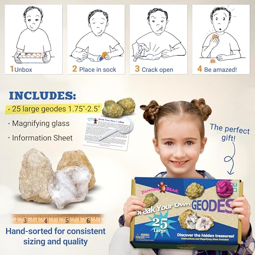 DANCING BEAR 25 Break Your Own Geodes, 90% Hollow, (Large 1.75-2.5") Crack Open & Discover Amazing Surprise Crystals Inside! Educational Info and Instructions Included, Fun Party Favors & Prizes - style: Large (1.75-2.5")