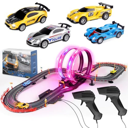 Slot Car Race Track Set for Boys, Electric Track with Light and 4 Slot Cars