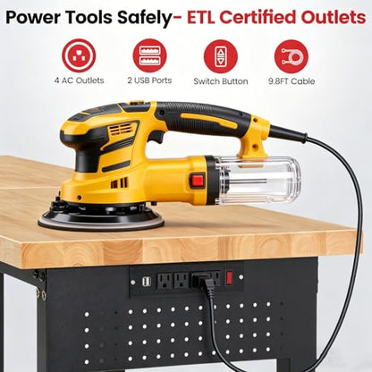 ENJOYWOOD 84" Adjustable Height Workbench with Pegboard & Power Outlet, 5000 LBS Capacity Heavy Duty Work Bench with Solid Rubberwood Top, Garage Work Table for Workshop