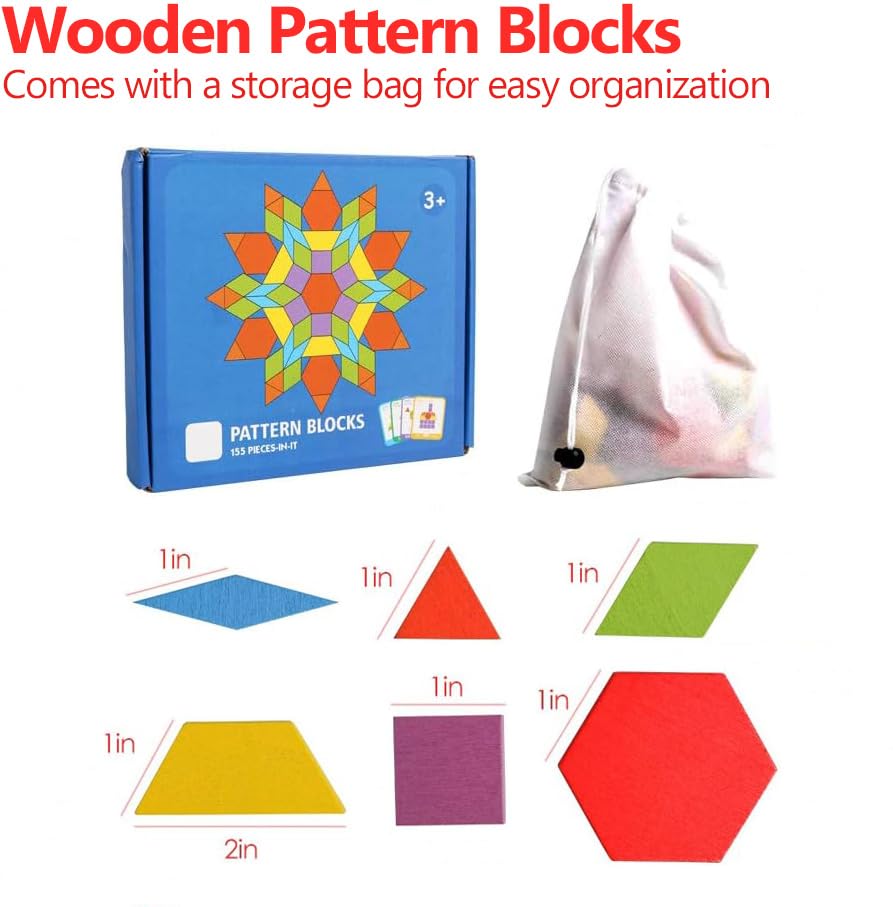JCREN Wooden Pattern Blocks Geometric Tangram Shape Puzzle 155Pcs - size: 155 PCS