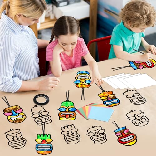Qyeahkj 36 Set Tiki Theme Suncatchers Craft Tropical Hawaii Suncatchers Craft Kit Summer Luau Window Tissue Paper kit Window Hanging Decoration for Home Art Project Party Favor Gift - style: Tiki