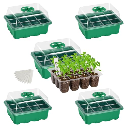 Bonviee 5-Pack Seed Starter Trays, Humidity Dome, Base, 12-Cell Tray, Green - color: Green, size: 5 Packs