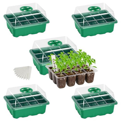 Bonviee 5-Pack Seed Starter Trays, Humidity Dome, Base, 12-Cell Tray, Green - color: Green, size: 5 Packs