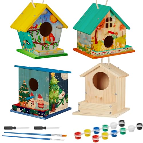 Liliful 4 Pack Bird House Kit for Kid, Wood DIY Birdhouse, Seasonal Style - color: Seasonal Style