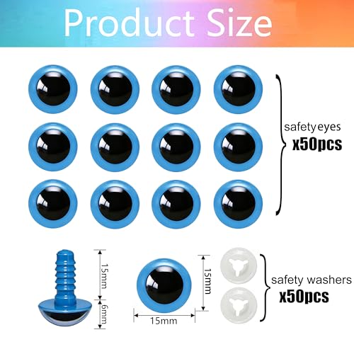 BESTCYC 100pcs 15mm Blue Plastic Safety Eyes Craft Eyes with Washers for Amigurumi Dolls Plush Animals DIY Craft Lovers Doll Makers Crochet Craft Supplies - color: Blue, size: 15mm