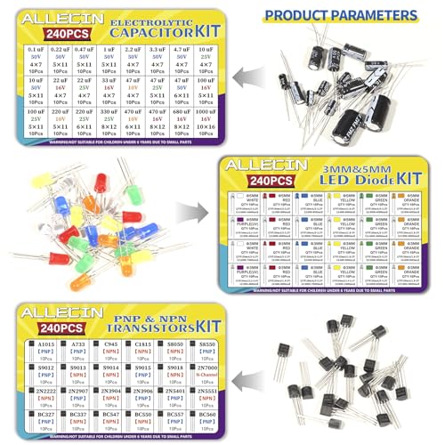 1910Pcs Electronic Component Kit Resistor Electrolytic Capacitor Schottky Diodes LED Diode Transistor Electronics Components Assortment for DIY Project