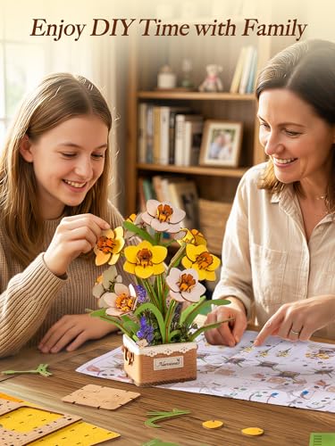 Rolife 3D Flower Wooden Puzzles-Daffodils Narcissus, DIY Flowers Model Kit Building Set Crafts for Adults, Botanical Collection Ideal Creative Birthday Gift, Artificial Flowerpot for Decor and Display