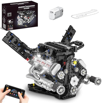 V8 Engine Model Kit that Works with LED Light & APP Control, 8-Cylinder Visible Engine Building Blocks Set, Build Your Own STEM Engineering Kit that Runs, Collection Set for Adults & Kids (715 PCS) - color: Black