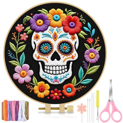 TINDTOP Embroidery Kit for Adult Beginners, Embroidery DIY Starter Kit, with Stamped Patterns, Hoop, Tools, Colorful Threads with Needles, Instructions (Skeleton B) - color: Skeleton B