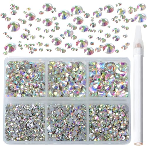 Bymitel 5000 Pieces 6 Mixed Sizes Glue Fix on Glass Rhinestones Round Crystal Gems Flatback for DIY Jewelry Making with one Picking Pen (6-Sizes 5000PCS, Crystal AB) - color: Crystal AB, size: 6-SIZES 5000PCS