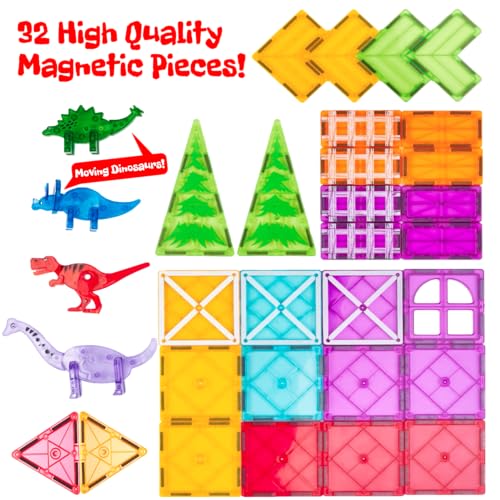 Magnetic Tiles 32 Piece Set, Dinosaur Toys for Kids 3-5, STEM Building Blocks with Trees and Figures, Educational Construction Set for Boys and Girls