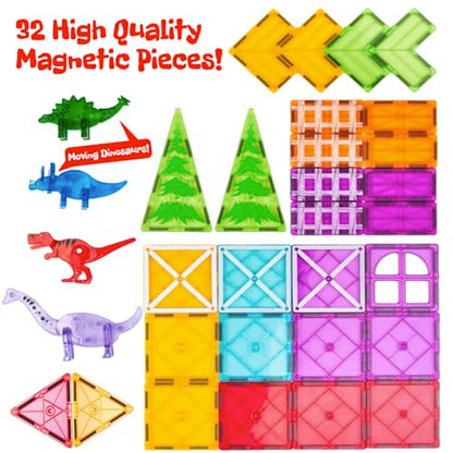 Magnetic Tiles 32 Piece Set, Dinosaur Toys for Kids 3-5, STEM Building Blocks with Trees and Figures, Educational Construction Set for Boys and Girls