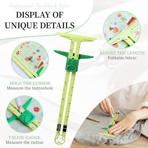 2PCS Sewing Gauge with Sliding Marker, 5-in-1 Measuring Sewing Tool, T-Shaped Fabric Ruler Sliding Gauge Hemming Ruler for Quilting Knitting Crafting, Sewing Tools for Beginners