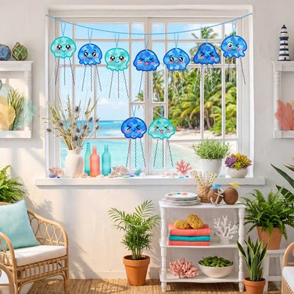 48PCS Summer Crafts: Paper Jellyfish Suncatchers DIY Kits, Window Stained Glass Effect Art Supplies - style: jellyfish