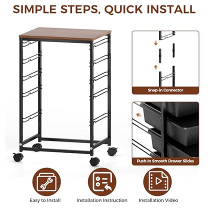 SYKIARIOL 5-Tier Rolling Cart with Drawers with Wooden Top, Black - color: Black