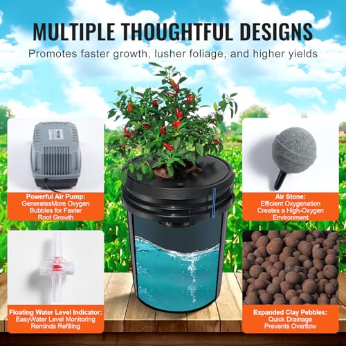 VEVOR DWC Hydroponic System, 5 Gallon 8 Buckets, Deep Water Culture Growing Bucket, Hydroponics Grow Kit with Pump, Air Stone and Water Level Device, for Indoor/Outdoor Leafy Vegetables - style: 8 Buckets