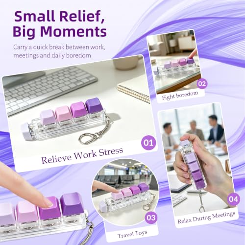Keyboard Fidget Toy, 5-in-1 Decompression Button Clicker Keychain with Glowing LED, Portable Tactile Sensory Toy, Christmas Stocking Stuffers Gift for Adults Teens, Stress Relief ASMR (Purple) - color: Purple