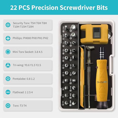 SHOWPIN Mini Precision Screwdriver Set: Electronics Repair Tool Kit for Computer Laptop Nintendo Phone PS4 with 35PCS Bits T5 T6 T8 T10 T15 Torx Y00 Tri-wing for Beginner IT DIY - color: Yellow