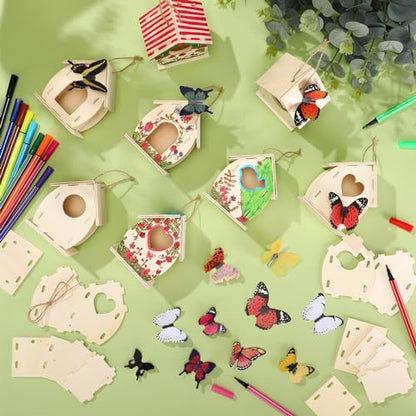 Outus 24 Pcs Wooden Birdhouse Kits for Kids, 4 Shapes Unfinished, Cute - style: Cute