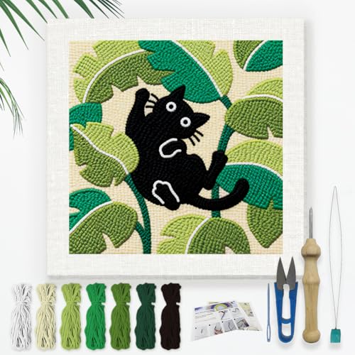 DOODLREAM Cat Leaves DIY Punch Needle Embroidery Kit for Adult Beginner, 9.4" Cute Cat and Plant Leaves Punch Stitching Craft Set for Starter with Frame, Fabric Pattern, Threader, Yarn, Punch Needle - color: Cat