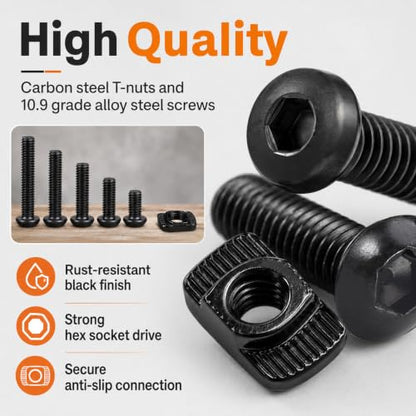 252PCS M5 T Nuts and T-Slot Bolts Extrusion Accessories Kitwith M5(8-20mm) Hexagon Socket Screws, T Nut and AllenWrench Compatible with 2020 Series Aluminum Extrusion