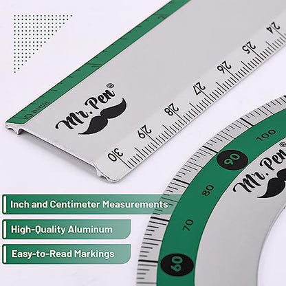 Mr. Pen- Metal Geometry Kit, 4 Pack, 45° & 30°/60° Set Squares - color: Green Stripes