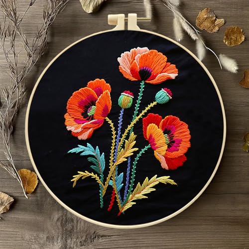 Poppy Needlework Embroidery Kit for Beginners,Handmade Cross Stitch Sewing Craft Kit with Pre-Stamped Patterns,7.87 inch Hoop,Floss & Needles for Craft Lover Birthday Gifts 30x30cm - color: Poppy