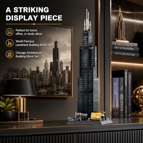 Willis Tower Chicago Architecture Building Block Set 1235 Pcs Famous City Skyline Landmark Model Kit Tall Skyscraper Construction Toy for Adults & Teens Home Office Desk Decor Display Gift - style: Chicago Willis Tower
