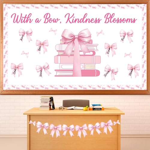 Pink Bow Bulletin Board Set Motivational Kindness Classroom Bulletin Board Decorations Bow Reading Book Cutouts Border Classroom Decorations for Back to School Office Home Chalkboard Decor Wall Door - style: Bow