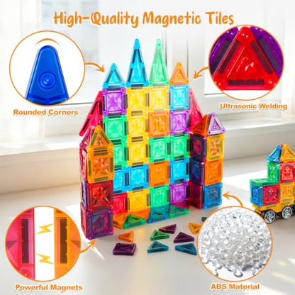 Bmag 100PCS Mini Magnetic Tiles Building Set with 2 Mini Cars - size: MINI100Pcs