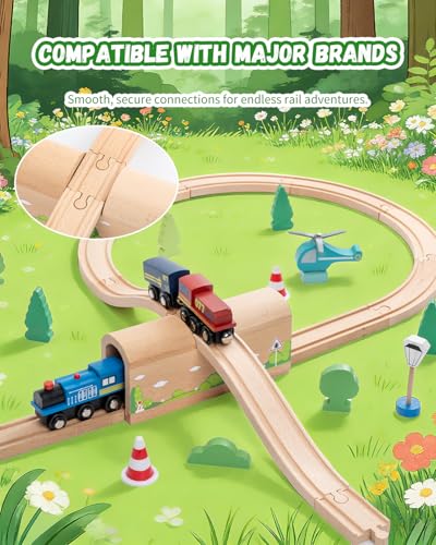 Wooden Train Track Bridge & Tunnel Set, Railway Expansion Kit with Ascending & Descending Ramp Tracks, Compatible with Major Wooden Train Systems, for Kids Creative Play and Learning - style: Wooden Tunnel Set