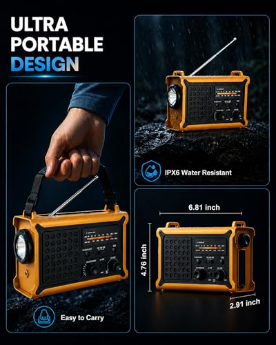 Emergency Radio with Hand Crank & Solar, NOAA Weather Band, AM/FM, 12000mAh - color: Yellow + Black